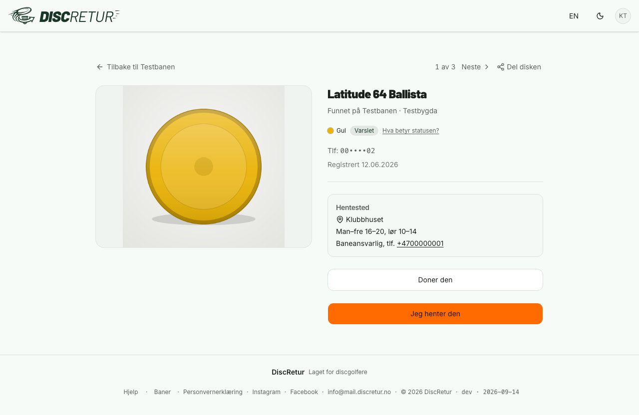 Detaljsiden for en disk, med knappene for å gjøre krav